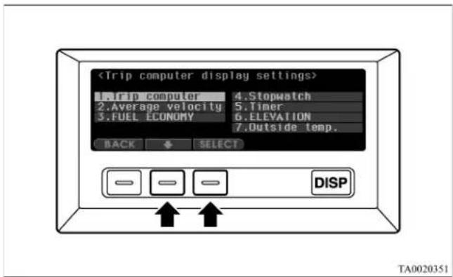 1. Trip computer 4. Stopwatch 2. Average velocity 5. Timer 3. FUEL ECONOMY 6. ELEVATION 7. Outside temp. BACK SELECT DISP TA0020351