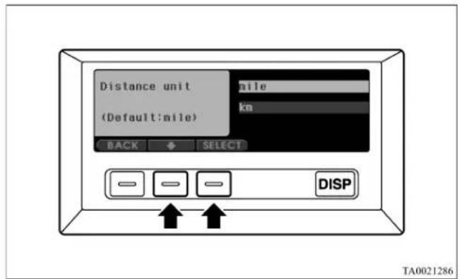 Distance unit (mile) (Default:mile) km BACK SELECT DISP TA0021286