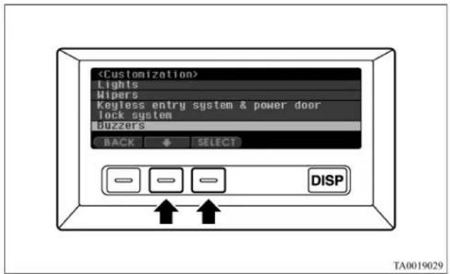 Lights Wipers Keyless entry system & power door lock system Buzzers BACK SELECT DISP TA0019029