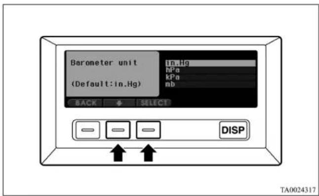 Barometer unit Default:in.Hg in.hg hPa kPa mb BACK SELECT DISP TA0024317