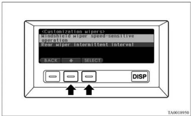 Windshield wiper speed-sensitive operation Rear wiper intermittent interval BACK SELECT DISP TA0018950