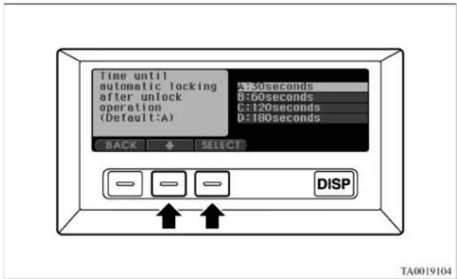 Time until automatic locking after unlock operation (Default:A) A:30seconds B:60seconds C:120seconds D:180seconds BACK SELECT DISP TA0019104