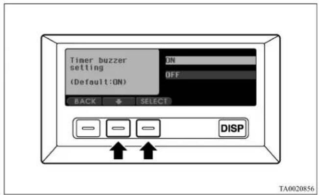 Timer buzzer setting (Default:ON) ON OFF BACK SELECT DISP TA0020856