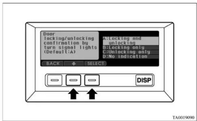 Door locking/unlocking confirmation by turn signal lights (Default:A) A:Locking and unlocking B:Locking only C:Unlocking only D:No indication BACK SELECT DISP TA0019090