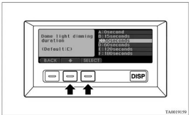 Dome light dimming duration (Default:C) A:0second B:15seconds E:30seconds D:60seconds E:120seconds F:180seconds BACK SELECT DISP TA0019159