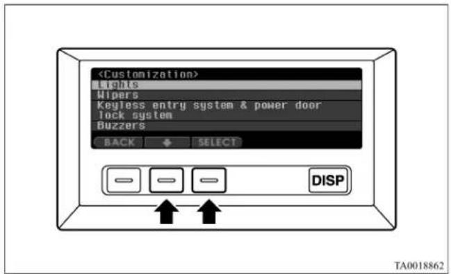 Lights Wipers Keyless entry system & power door lock system Buzzers BACK SELECT DISP TA0018862