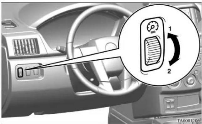 Diagram showing car interior with directional indicator and labeled parts, including a speedometer-style device.