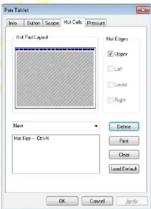Pen Tablet Info Button Scope Hot Cells Pressure Hot Pad Layout Hot Edges ✓ Upper □ Left □ Lower □ Right New Hot Key — Ctrl+N Define Print Clear Load Default OK Cancel Apply