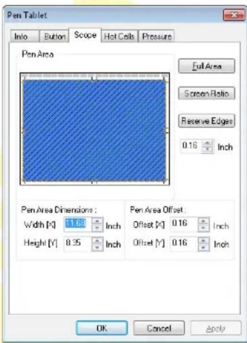 Pen Tablet Info Button Scope Hot Cells Pressure Pen Area Full Area Screen Ratio Reserve Edges 0.16 Inch Pen Area Dimensions: Width [X] 11.62 Inch Height [Y] 8.35 Inch Pen Area Offset: Offset [X] 0.16 Inch Offset [Y] 0.16 Inch OK Cancel Apply