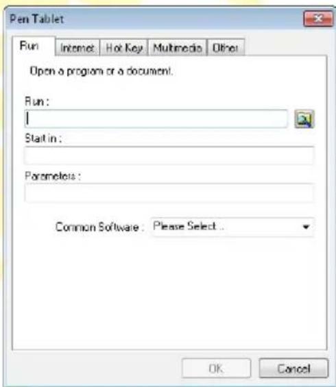 Pen Tablet Run Internet Hot Key Multimedia Other Open a program or a document. Run: Start in : Parameters : Common Software: Please Select... OK Cancel