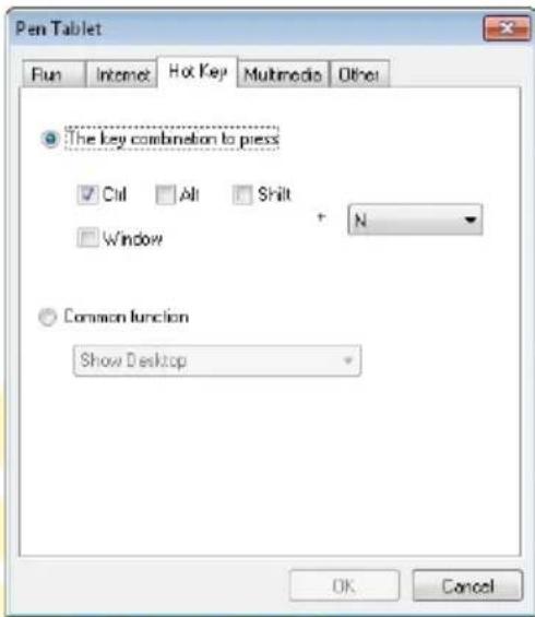 Pen Tablet Run Internet Hot Key Multimedia Other The key combination to press ✓ Cut All Shift + N □ Window Common function Show Desktop OK Cancel