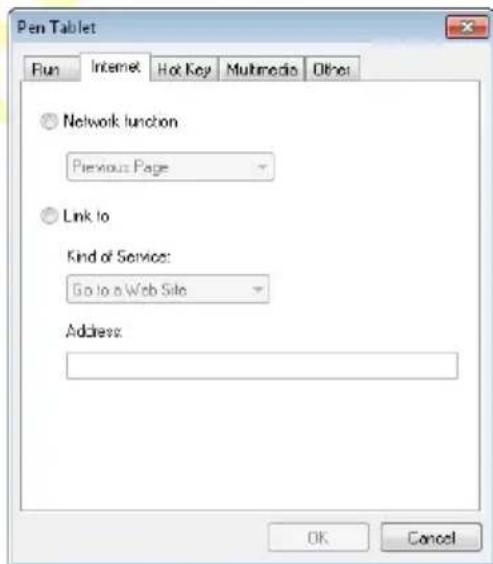 Pen Tablet Run Internet Hot Key Multimedia Other Network function Previous Page Link to Kind of Service: Go to a Web Site Address: OK Cancel