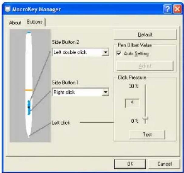 MacroKey Manager About Buttons Side Button 2 Left double click Side Button 1 Right click Left click Default Pen Offset Value Auto Setting Click Pressure 30 % 4 0 % Test OK Cancel