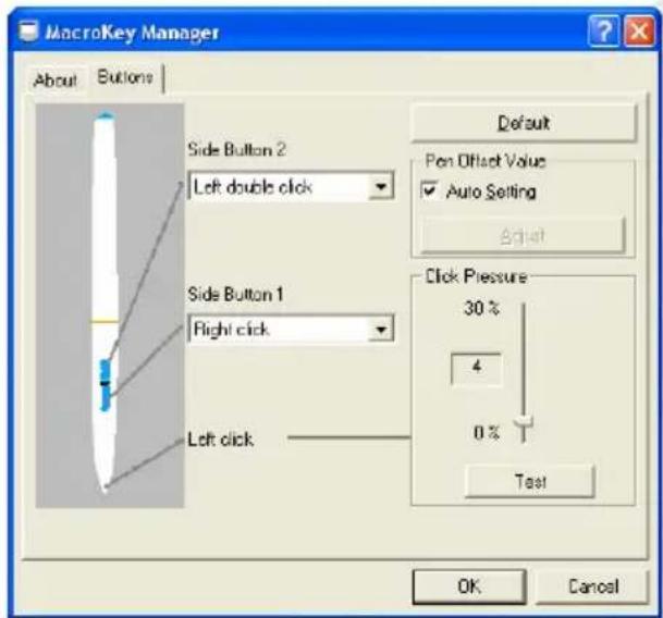 MacroKey Manager About Buttons Side Button 2 Left double click Side Button 1 Right click Left click Default Pen Offset Value ✓ Auto Setting Edit Click Pressure 30 % 4 0 % Test OK Cancel
