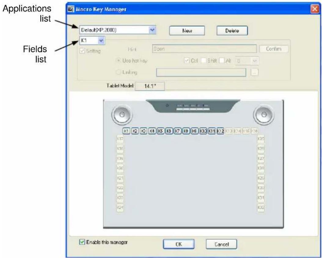 Applications list Default(XP.2000) K1 Settings Hint Open Confirm Uro hot key Ctrl Shift Alt Linking Tablet Model 14.1" K1 K2 K3 K4 K5 K6 K7 K8 K9 K10 K11 K12 K13 K14 K15 K16 K17 K18 K19 K20 K21 K22 K23 K24 Enable this manager OK Cancel