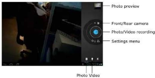 Photo preview Front/Rear camera Photo/Video recording Settings menu Photo Video