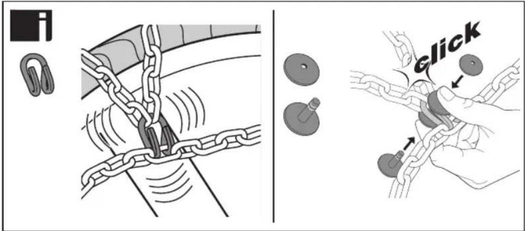 Diagram illustrating chain link repair and click action, showing chain attachment and chain capture steps with labeled 'click' button.