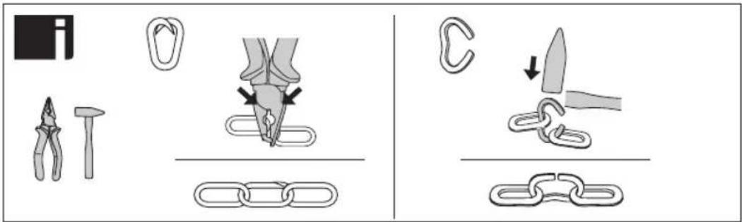 Diagram illustrating how to tie a knot using pliers, clips, and chains, with labeled steps and visual examples.