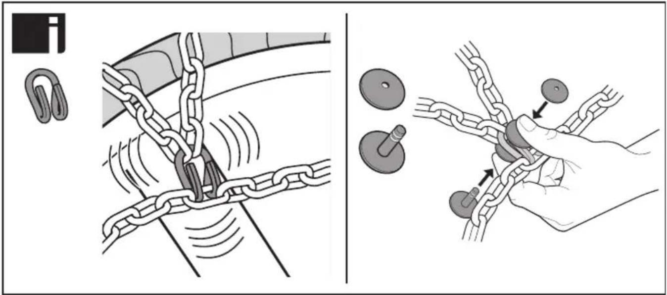 Diagram illustrating chain link repair and locking mechanism, showing chain attachment and locking steps with labeled components.