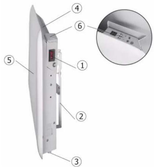Diagram of a refrigerator internal structure with numbered parts and an inset close-up view showing the exterior panel.