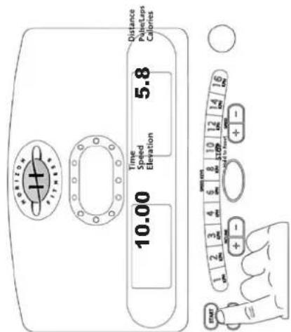 HORIZON FITNESS 10.00 Time Speed Elevation 5.8 Distance Pulse/Laps Calories START 1 2 3 4 6 8 10 12 14 16 + - + -