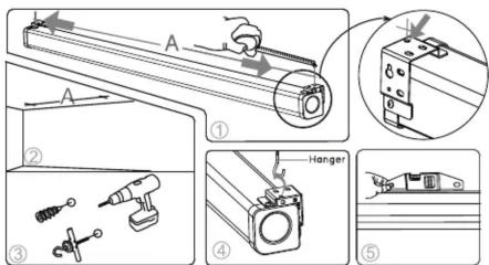 Technical diagram illustrating five different mechanical assembly or installation steps with labeled components and directional arrows.
