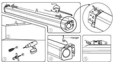 Technical diagram illustrating the installation steps of a mechanical device, including tool path, hanger operation, and assembly.