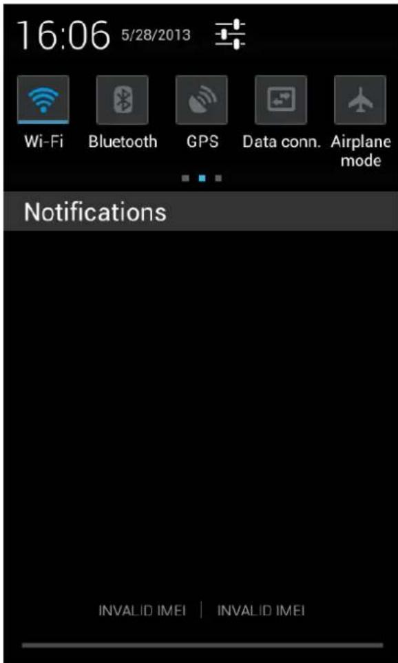 16:06 5/28/2013 Wi-Fi Bluetooth GPS Data conn. Airplane mode Notifications INVALID IMEI | INVALID IMEI