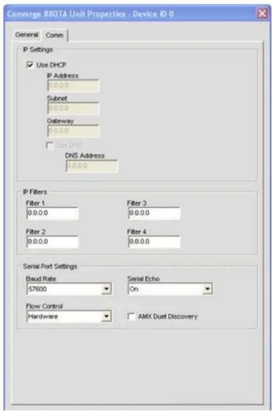 ClearOne Converge SR 1212 - Unit Properties: Comm (Communications) Tab - 1