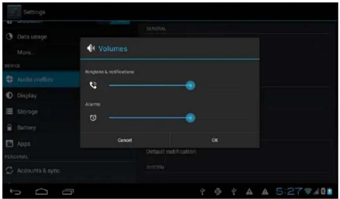 Settings Data usage More... DEVICE Audio profiles Display Storage Battery Apps PERSONAL Accounts & sync Volumes Ringtones & notifications Alarms Cancel OK Default notification SYSTEM
