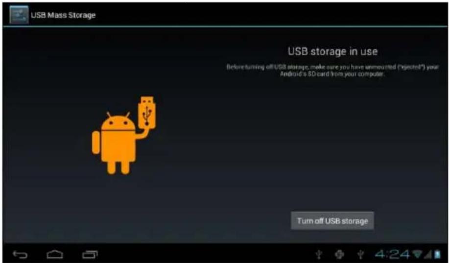 USB Mass Storage USB storage in use Before turning off USB storage, make sure you have unmounted ("rejected") your Android's SD card from your computer. Turn off USB storage