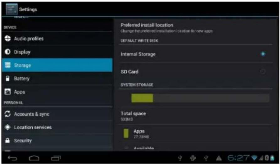 Settings DEVICE Audio profiles Display Storage Battery Apps PERSONAL Accounts & sync Location services Security Preferred install location Change the preferred installation location for new apps DEFAULT WRITE DISK Internal Storage SD Card SYSTEM STORAGE Total space 503MB Apps 77.78MB Available