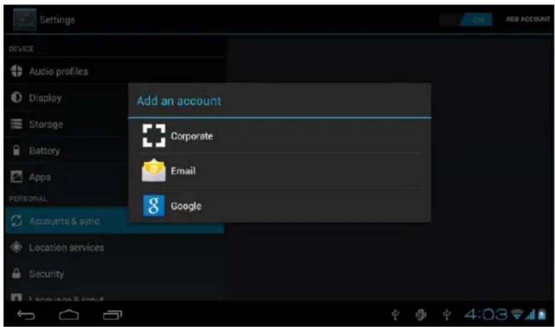Add an account Corporate Email Google Accounts & sync Location services Security 120000000000000000000000000000000000000000000000000000000000000000000000000000000000000000000000000000