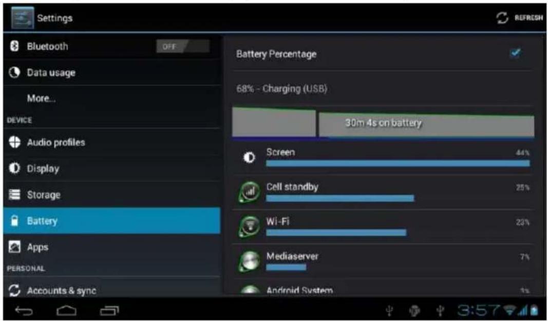 Settings Bluetooth OFF Data usage More... DEVICE Audio profiles Display Storage Battery Apps PERSONAL Accounts & sync Battery Percentage 68% - Charging (USB) 30m 4s on battery Screen 44% Cell standby 25% Wi-Fi 23% Mediaserver 7% Android System 1%