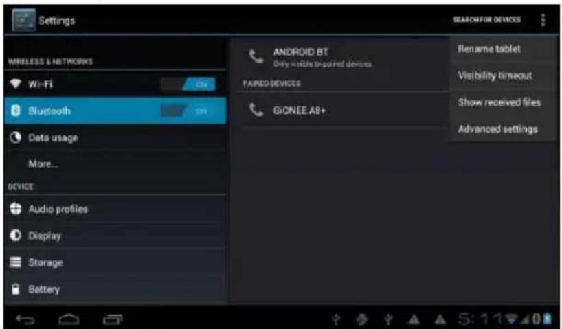 Settings WIRELESS & NETWORKS Wi-Fi Bluetooth Data usage More... DEVICE Audio profiles Display Storage Battery ANDROID BT Only visible to parent devices PAIRED DEVICES GIONEE AB+ Rename tablet Visibility timeout Show received files Advanced settings