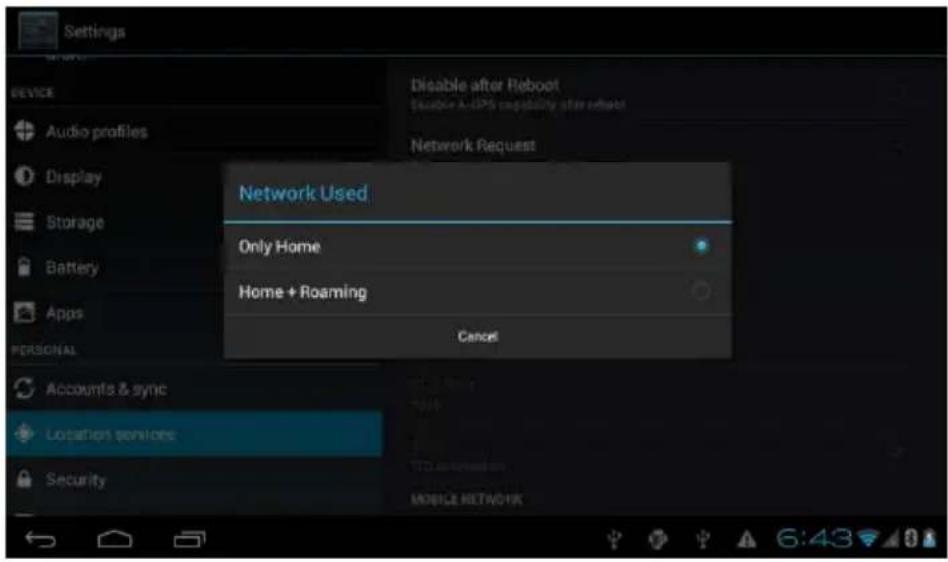 Settings Device Audio profiles Display Storage Battery Apps PERSONAL Accounts & sync Locations services Security Disable after Reboot Disable A-IPS regularly after reboot Network Request Network Used Only Home Home + Roaming Cancel TBD subscription on MOBILE NETWORK
