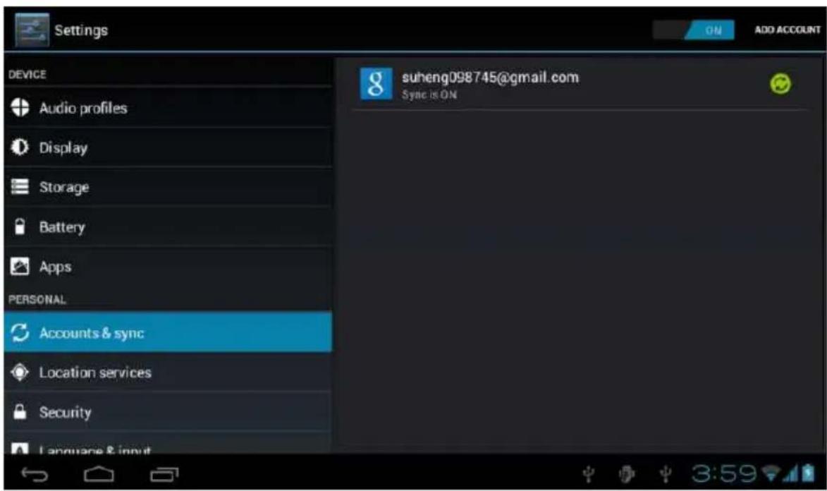 Settings DEVICE Audio profiles Display Storage Battery Apps PERSONAL Accounts & sync Location services Security Language & input suheng098745@gmail.com Sync is ON ON ADD ACCOUNT