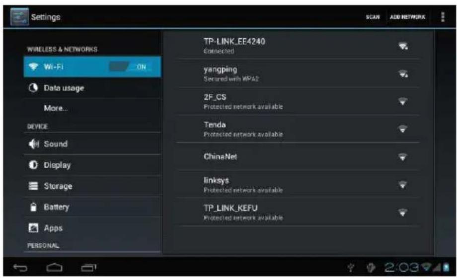 Settings WIRELESS & NETWORKS Wi-Fi ON Data usage More... DEVICE Sound Display Storage Battery Apps PERSONAL TP-LINK_EE4240 Connected yangping Secured with MPA2 2F_CS Protected network available Tenda Protected network available ChinaNet linksys Protected network available TP-LINK KEFU Protected netw…