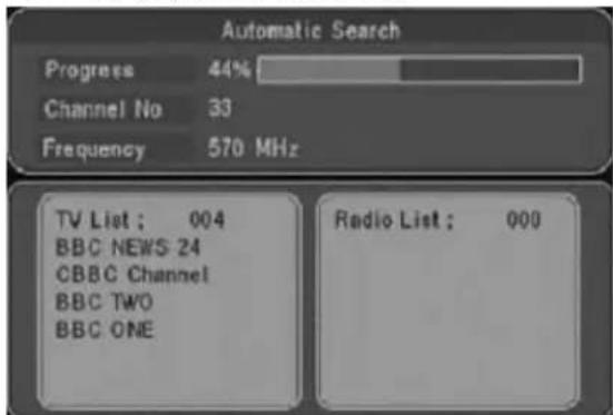 Automatic Search Progress 44% Channel No 33 Frequency 570 MHz TV List: 004 BBC NEWS 24 CBBC Channel BBC TWO BBC ONE Radio List: 000