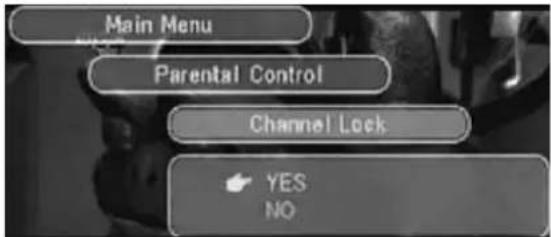 Main Menu Parental Control Channel Lock YES NO