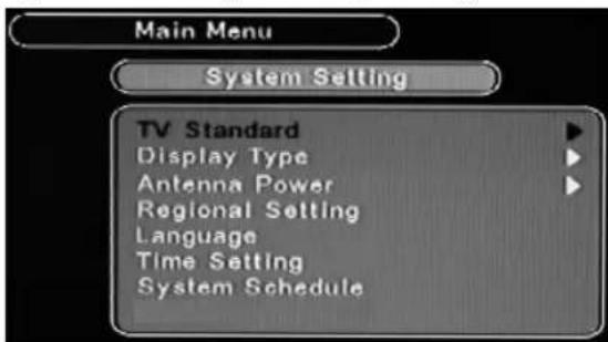 Main Menu System Setting TV Standard Display Type Antenna Power Regional Setting Language Time Setting System Schedule