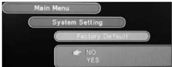 Main Menu System Setting Factory Default NO YES