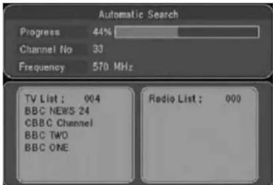 Automatic Search Progress 44% Channel No 33 Frequency 570 MHz TV List: 004 BBC NEWS-24 CBBC Channel BBC TWO BBC ONE Radio List: 000