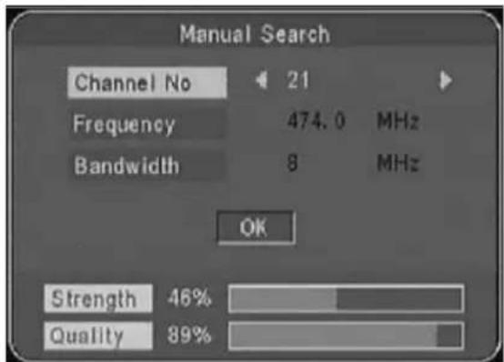 Manual Search Channel No 21 Frequency 474.0 MHz Bandwidth 8 MHz OK Strength 46% Quality 89%