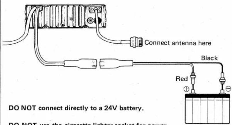 Connect antenna here Black Red DO NOT connect directly to a 24V battery. DO NOT use the cigarette lighter socket for power