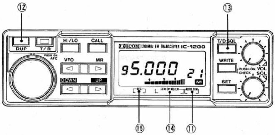 ⑫ DUP T/R HI/LO CALL PUSH ON AFC VFO MR DOWN UP ICOM 1200MHz FM TRANSCEIVER IC-1200 95.000 2 1 5 1 M CENTER METER—AUTO RUN ⑬ ⑭ ⑮ T/D.SQL WRITE PUSH-ON VOL CHECK SOL SET