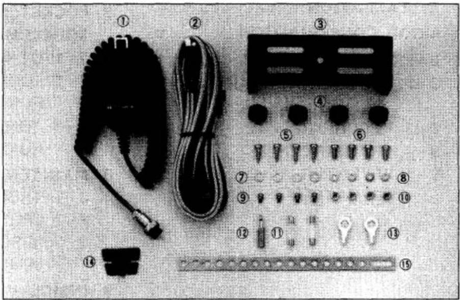 Labeled diagram of a mechanical or electrical component assembly with numbered parts and accessories