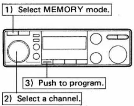1) Select MEMORY mode. 3) Push to program. 2) Select a channel.
