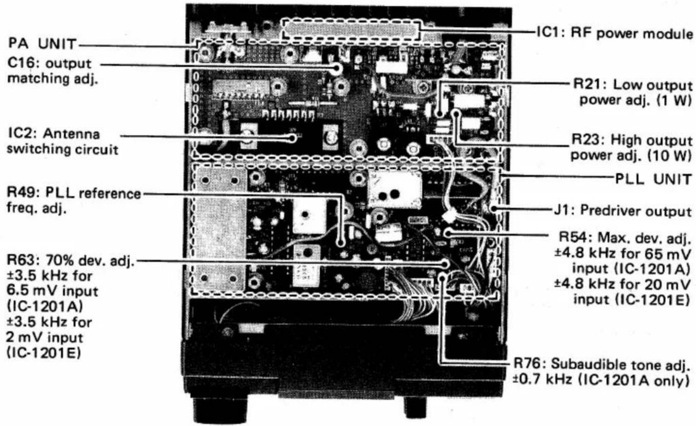 PA UNIT C16: output matching adj. IC2: Antenna switching circuit R49: PLL reference freq. adj. R63: 70% dev. adj. ±3.5 kHz for 6.5 mV input (IC-1201A) ±3.5 kHz for 2 mV input (IC-1201E) IC1: RF power module R21: Low output power adj. (1 W) R23: High output power adj. (10 W) PLL UNIT J1: Predriver output R54: Max. dev. adj. ±4.8 kHz for 65 mV input (IC-1201A) ±4.8 kHz for 20 mV input (IC-1201E) R76: Subaudible tone adj. ±0.7 kHz (IC-1201A only)