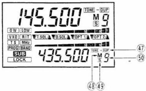 145.500 TONE - DUP M 9 S OW LOW S P C E VXO RIT V.T.SQL V.D.SQL V.OPT 17 V.OPT 27 T S MHz PROG BAND SUB 435.500 TONE - DUP M 9 S LOCK ④7 ⑤0 ④8 ④9